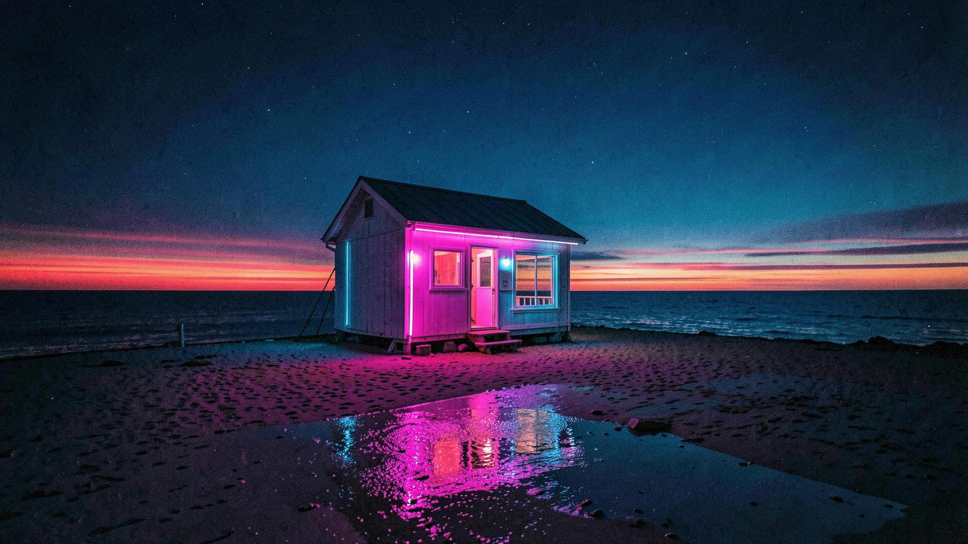 Neon beleuchtete Strandhütte bei Nacht an der Ostsee